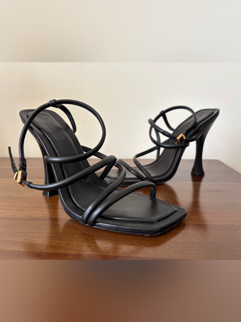 SCHUTZ Black Strappy Stiletto Sandals with Gold Buckle